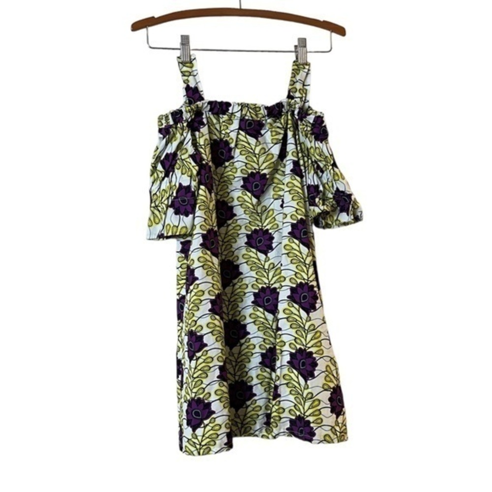 Adorable handmade African print cotton dress, purple citron & white floral